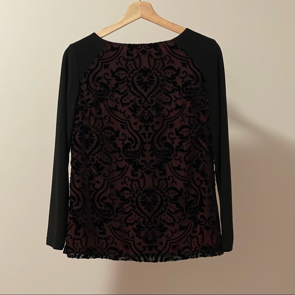 Attitude Velvet Mesh Long Sleeve Top in Black and Red